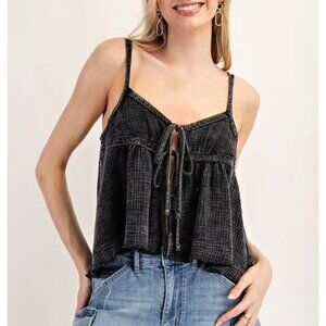 UO Out From Under Mila Gauze Flyaway Babydoll Cami Top Black Women’s Medium